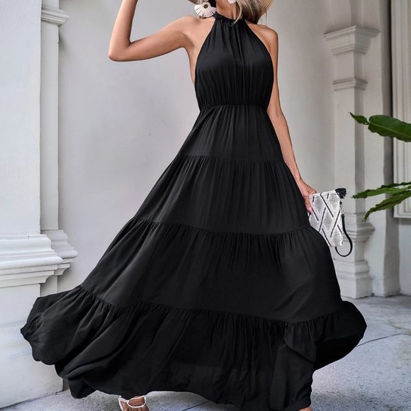 . Dresses & Skirts - Black Boho Womens Solid Tie Backless Ruffle Hem Halter Dress